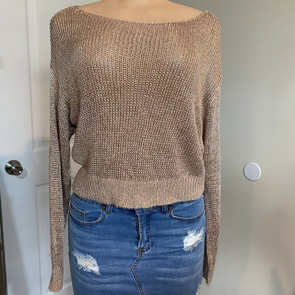 Forever 21 shimmer open knit top copper bling crochet womens M Fairy whimsical